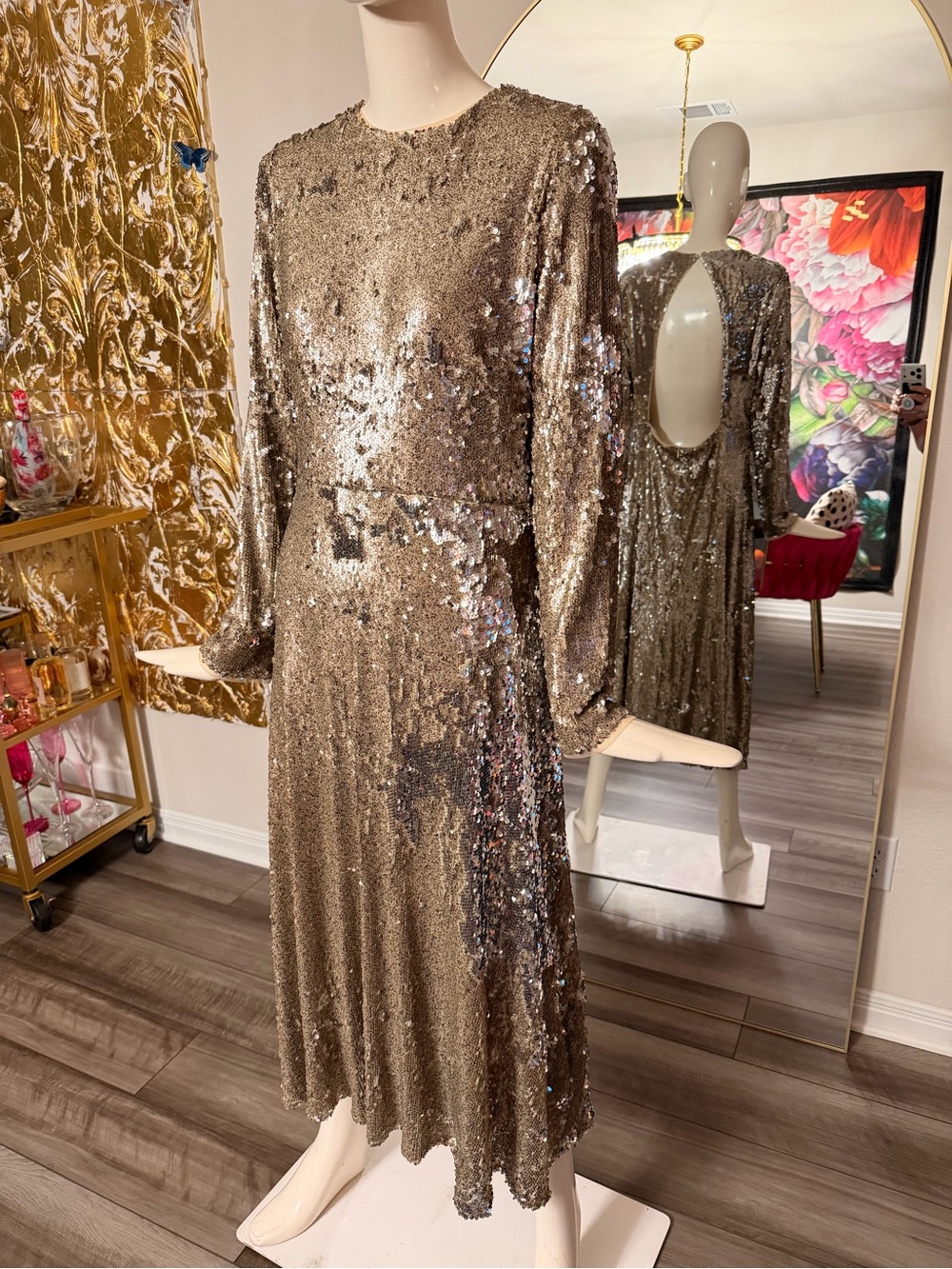 TFNC Beige Sequin Midi Dress Backless Fully Lined Dress